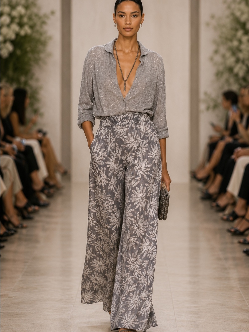 Brunello Cucinelli Silk Floral Print Wide-Leg Trousers Pants Grey Ivory Sz M NWT